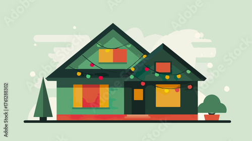 House illustration with decorative lights green and red facade isolated