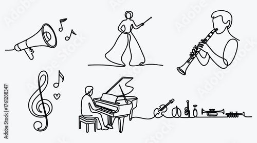 One Line Drawing Illustration of Musical Instruments and Music Related Elements