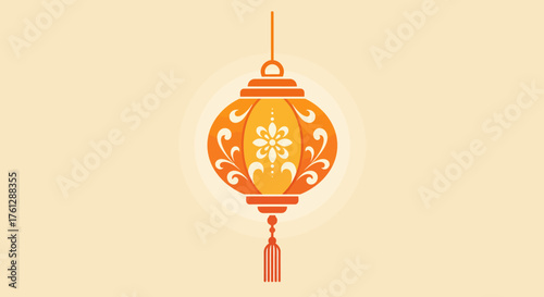 Vector Illustration of Ornamental Lantern in Traditional Style with Floral Pattern and Curved Details in Warm Orange and Cream Colors