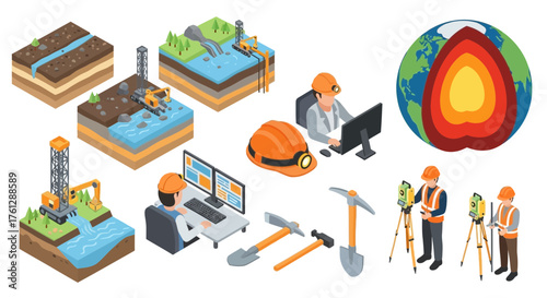 Isometric illustration depicting various stages of mining operations, including geological surveys, drilling, excavation, computer analysis, and a cross-sect...