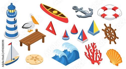 Isometric illustration featuring nautical elements: a lighthouse, canoe, anchor, life preserver, sailboat, pelican, dock, waves, coral, and other marine-themed objects.