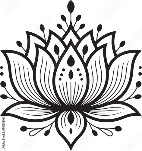 Intricate black and white lotus flower design decorative element for spiritual and wellness projects clean outline art isolated on transparent background