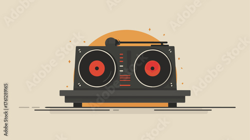 Illustration of a turntable with vinyl records and microphone on light background