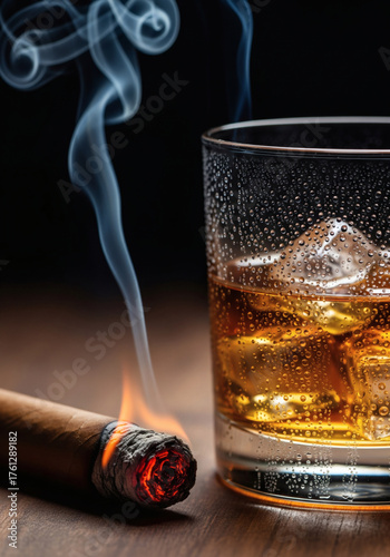 Elegant whiskey on the rocks with a smoldering cigar for sophisticated relaxation and luxury lifestyle visuals