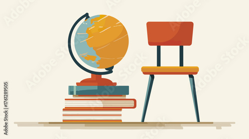 Illustration of globe books and chair in education setting