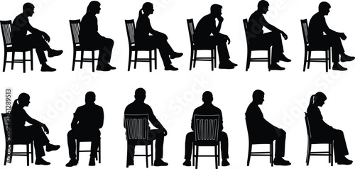 Silhouettes of Twelve People in Varied Sitting Postures on Chairs, Calm Mood, One-Panel Ergonomics and Body Language Vector Scene