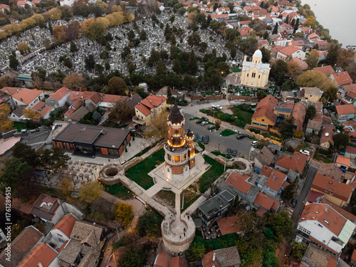 Bild auf Leinwand Aerial view of Zemun town and Gardosh tower at sunset, rooftops and river panorama