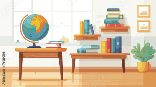 Interior study room illustration with globe books shelves and plant