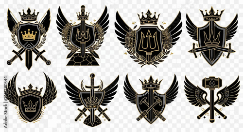 Collection of eight heraldic emblems with crowns, wings, and weapons in black and gold, featuring shields and various symbols.