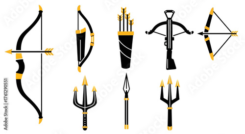 Collection of various weapons including bows, arrows, quivers, crossbows, tridents, and spears.