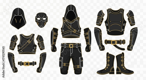 Illustration of a black costume with gold accents, including a hood, mask, and armor pieces.