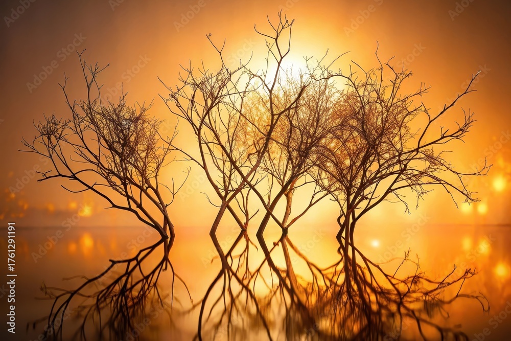 Obraz premium Golden Hour Silhouette of Leafless Trees Mirrored in Calm Water at Sunset