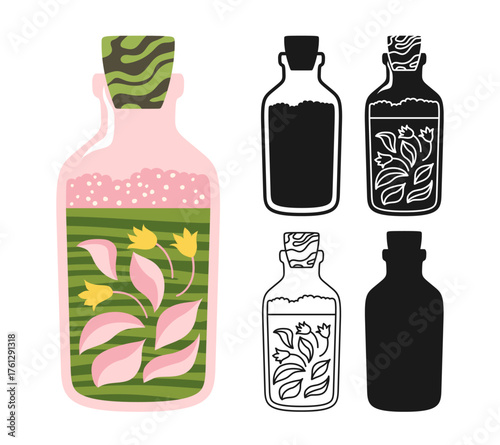 Bottle with herbs medicine, vitamin supplements or cosmetics cartoon set. Ayurveda medicine symbol. Pharmaceutical alternative flat design medical ayurvedic remedy logo, silhouette vector illustration