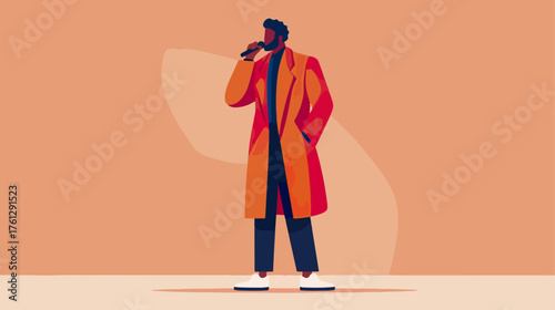 Man with microphone illustration in orange and blue vector style