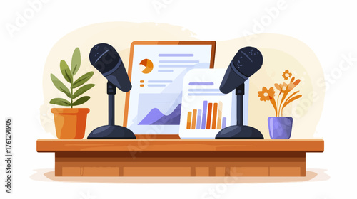 Microphones and presentation charts on a wooden table in an office setting