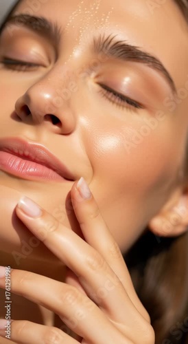 Close-up portrait of a relaxed woman with glowing skin and closed eyes, showcasing natural beauty, skincare routine, and calmness in a soft light environment