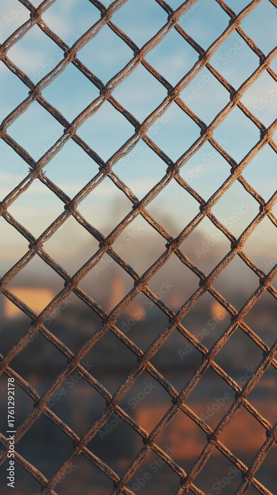 Naklejka premium smoke rising behind a chain-link fence, creating a dramatic and moody atmosphere. Ideal for industrial, urban, security, danger, or abstract concept imagery.