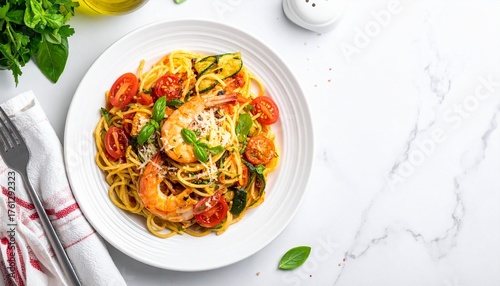 Plate of italian pasta. prawn, tomato and courgette, or zucchini, spaghetti. Top view, white marble table.
