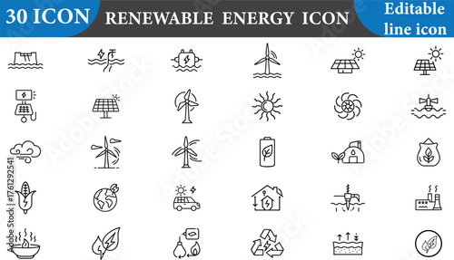A comprehensive collection of renewable energy icons, perfect for illustrating eco-friendly solutions and sustainable practices. Isolated on white background for easy integration.