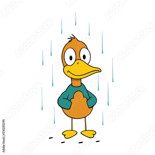 A cute duck stands under the rain, droplets glistening on its feathers as it enjoys the gentle shower, ripples forming around its feet in a peaceful watery scene.
