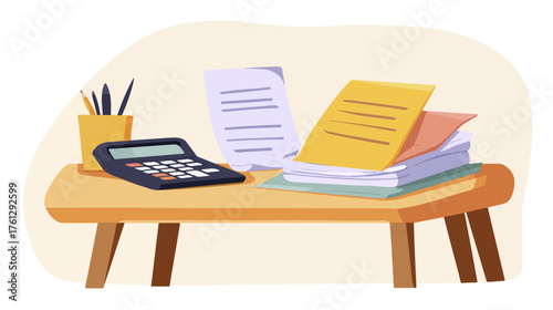 Office desk with calculator documents and stationery supplies