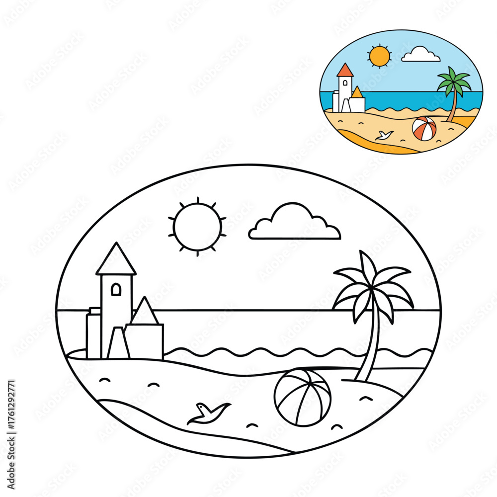 Naklejka premium A fun summer beach coloring page featuring sunny skies, ocean waves, sandcastles, seashells, and kids playing—perfect for capturing the joy of seaside adventures. 