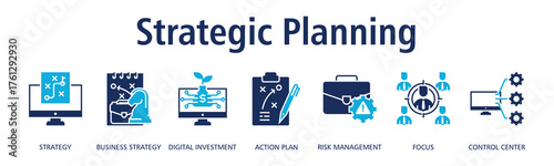 Strategic Planning banner web icon vector illustration concept with icon of strategy, business strategy, digital investment, action plan, risk management
