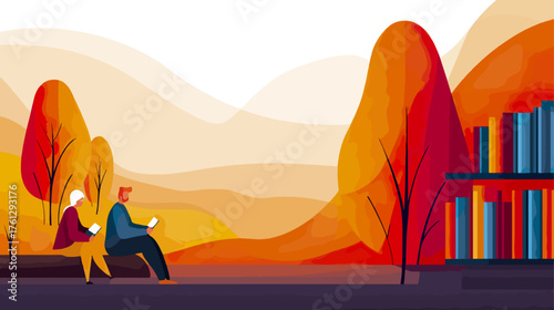 People reading on tablet in autumn scene with book shelf
