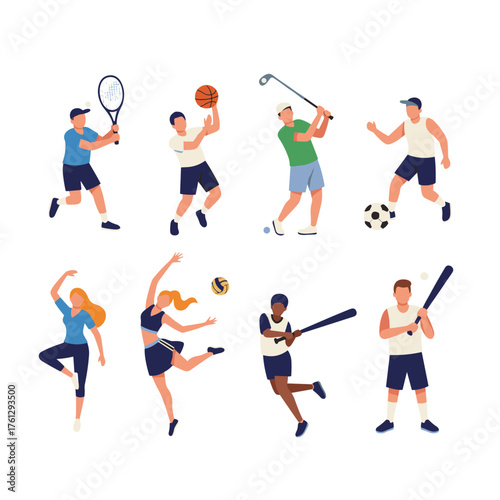 Various athletes are shown performing different sports actions including tennis basketball golf soccer and baseball.