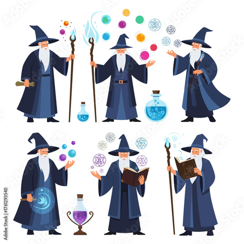 A collection of powerful wizards casting spells with magical energy and ancient tomes.