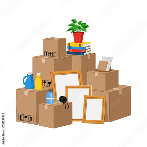 Packing boxes and picture frames for moving day and home relocation.