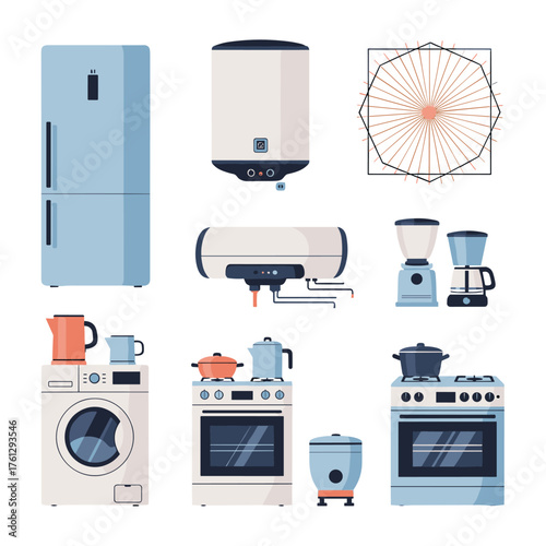 A collection of modern kitchen appliances and water heaters in a clean flat design.