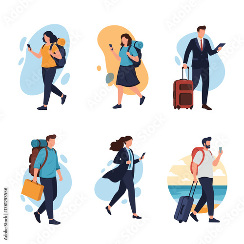 Diverse group of people traveling with their luggage and smartphones.