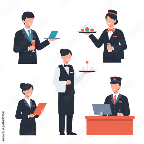 Illustrations of hospitality staff in uniform serving guests with professionalism and care.