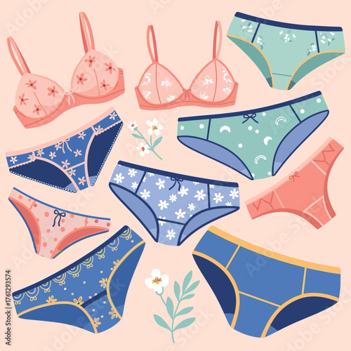 A collection of comfortable and stylish undergarments featuring intricate patterns and delicate floral designs.