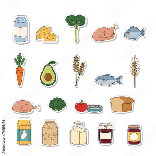 A colorful assortment of healthy foods including dairy fruits vegetables and lean proteins.