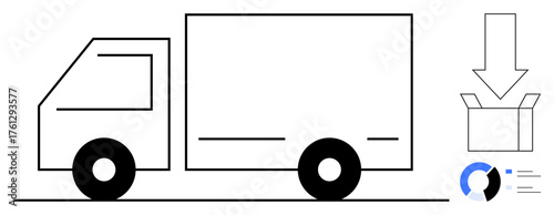 Truck beside open box, downward arrow, circular chart with data lines portraying delivery, shipment, supply chain, analytics. Ideal for transport, logistics, ecommerce efficiency planning