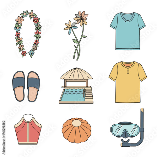 Collection of summer vacation and beach holiday clothing and accessories for a tropical getaway.