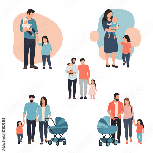 Illustrations depicting diverse family structures with children and strollers.