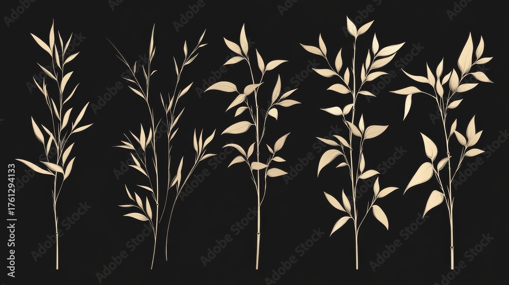 Obraz premium 101.A modern vector collection of bamboo stems and leaves, arranged in various artistic layouts, offering clean, sharp lines and minimalistic details perfect for creating sophisticated design