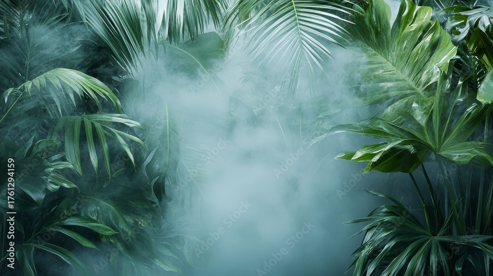 Naklejka premium 56.A panoramic view of tropical leaves placed under a transparent glass surface, with soft fog gently rolling over the scene, creating an ethereal atmosphere and a sense of mystery.
