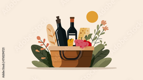 Picnic basket with wine cheese and fruits vector illustration