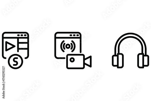 Digital Media Flat Icons — Monetization, Livestreaming, and Headphone Concept