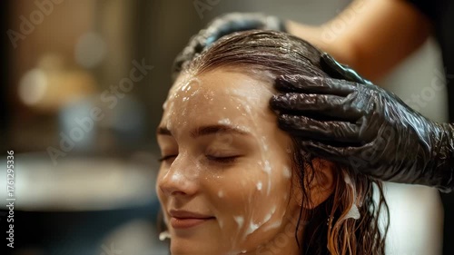 Wallpaper Mural Relaxing hair treatment at a salon: A woman enjoys a professional hair care session while getting Torontodigital.ca