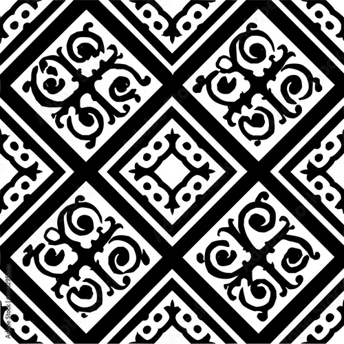 Black and white seamless decorative pattern with floral elements and geometric shapes design that is unique and eye catching