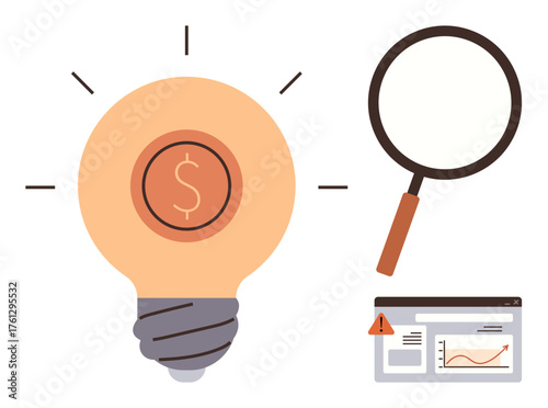 Lightbulb with dollar sign radiating ideas, magnifying glass symbolizing research, analytics window with warning flag suggesting data analysis. Ideal for finance, innovation, research, strategy
