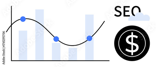 Bar chart with growth trendline, SEO text, dollar icon, and cloud design. Ideal for analytics, strategy, business growth, digital marketing, investment performance tracking simple flat metaphor