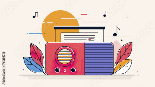 Retro radio illustration with music notes and decorative leaves