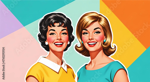 Pop art style illustration of two smiling women, one brunette and one blonde, set against a colorful geometric background.