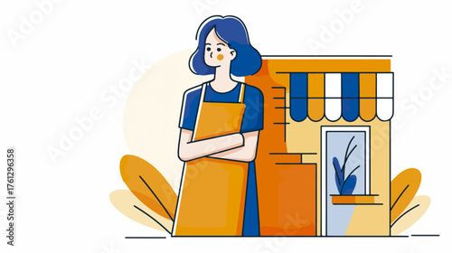 Shopkeeper with apron and store building vector illustration